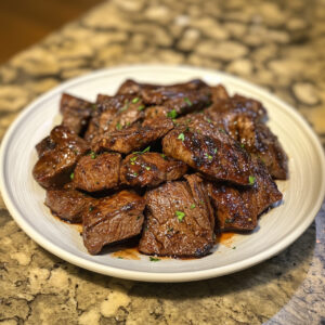 Sweet and Spicy BBQ Steak Tips on a plate