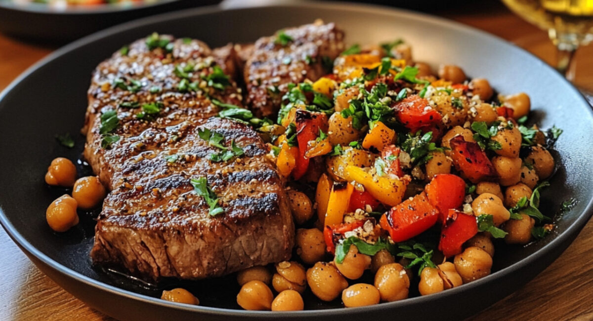 Top Sirloin Steaks with Cumin, Peppers and Chickpeas on a plate