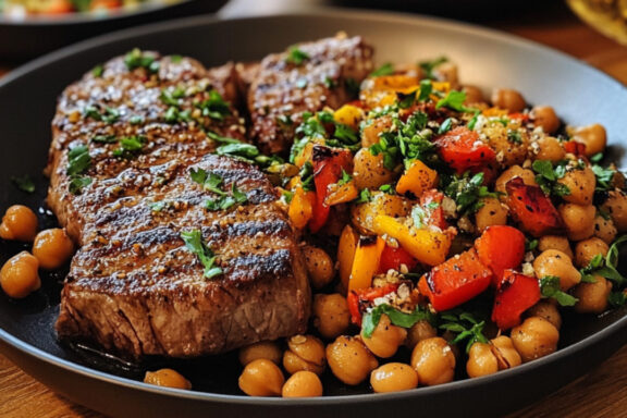 Top Sirloin Steaks with Cumin, Peppers and Chickpeas on a plate