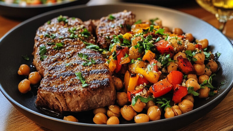 Top Sirloin Steaks with Cumin, Peppers and Chickpeas on a plate