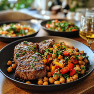 Top Sirloin Steaks with Cumin, Peppers and Chickpeas on a plate