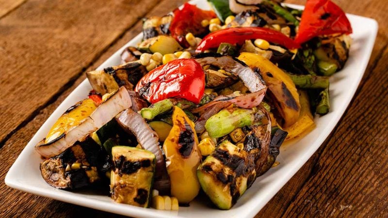 grilled veggies on a white tray