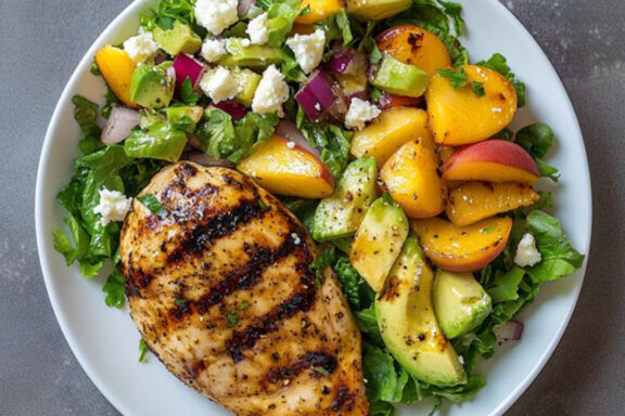 Grilled Greek Marinated Chicken Breast with Peach and Endive Salad on a plate