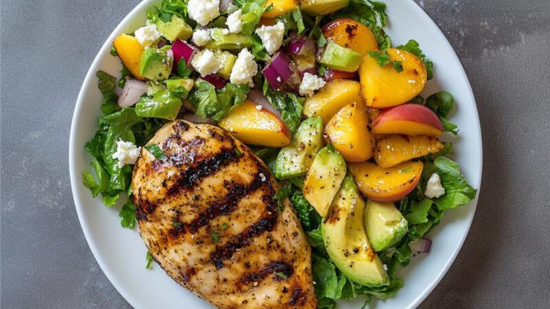 Grilled Greek Marinated Chicken Breast with Peach and Endive Salad on a plate