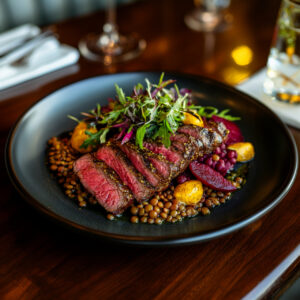 Lemon Turmeric Marinated Flank Steak on a plate