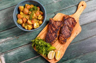 marinated steak tips with herby potato salad