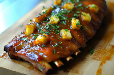 Oven-Baked Baby Back Ribs with Chipotle Pineapple BBQ Sauce on a chopping board