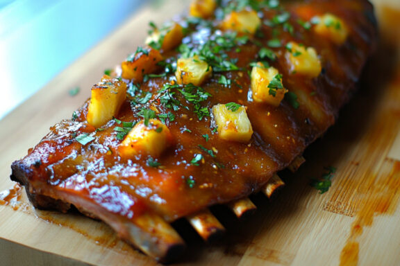 Oven-Baked Baby Back Ribs with Chipotle Pineapple BBQ Sauce on a chopping board
