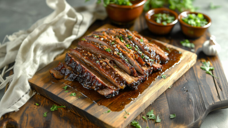 Slow-Cooker Molasses Smoked Brisket on a chopping board