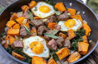 Steak and Sweet Potato Hash on a pan