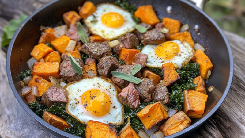 Steak and Sweet Potato Hash on a pan