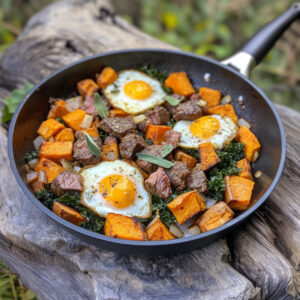 Steak and Sweet Potato Hash on a pan