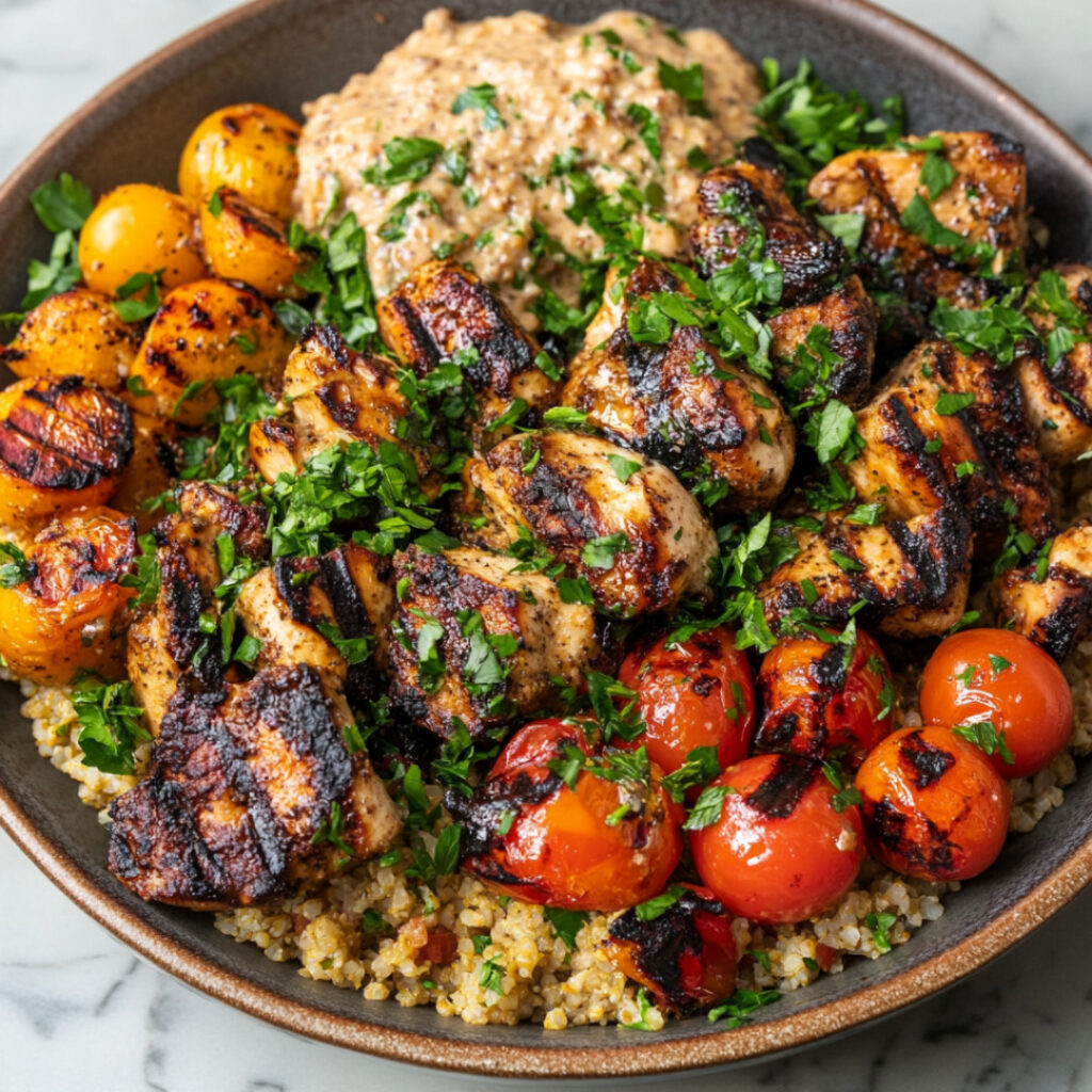 Mixed Grill with Chicken, Bulgur, and Tahini on a plate