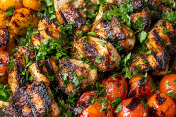 Mixed Grill with Chicken, Bulgur, and Tahini on a plate