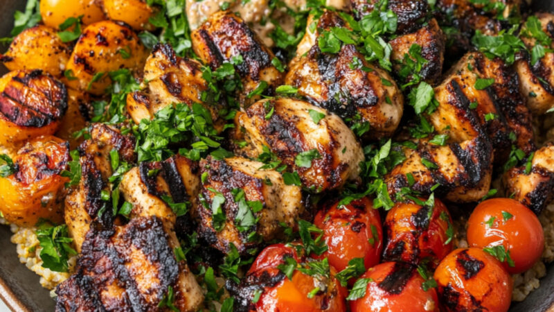 Mixed Grill with Chicken, Bulgur, and Tahini on a plate