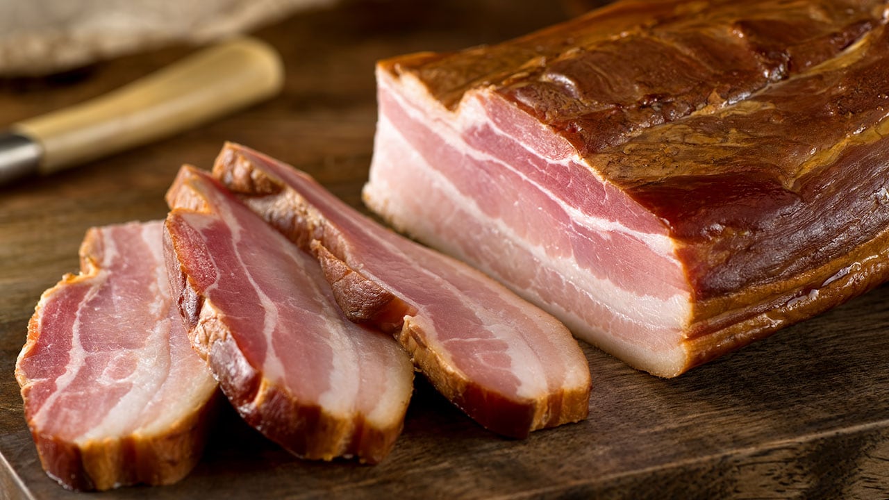 Artisanal whole smoked slab bacon.