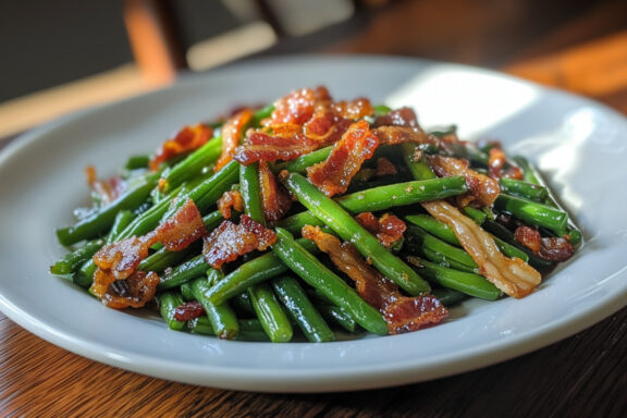 Bacon Sautéed Green Beans on a plate