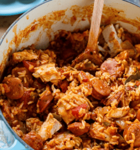 turkey jambalaya in a dutch oven with a spoon