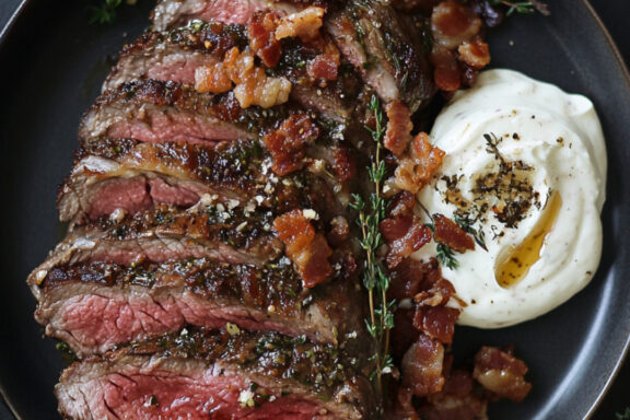 Garlic & Herb Crusted Ribeye Roast with Horseradish Cream and Bacon Shallot Marmalade on a plate