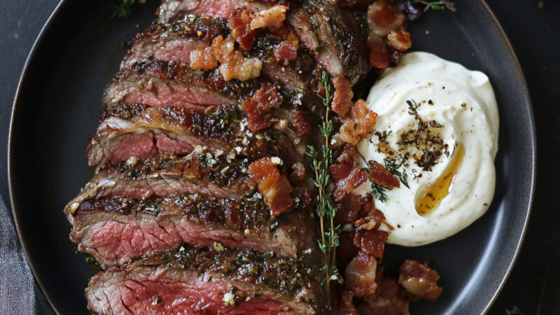 Garlic & Herb Crusted Ribeye Roast with Horseradish Cream and Bacon Shallot Marmalade on a plate