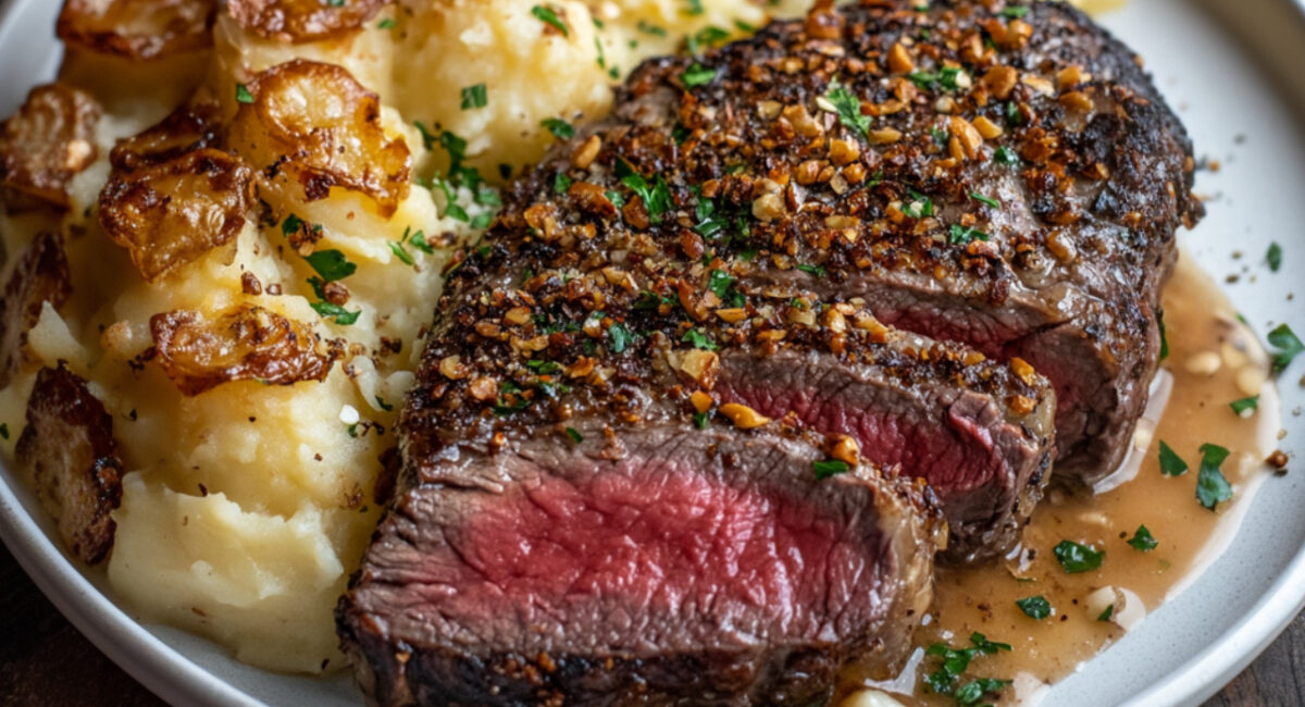 Garlic-Crusted Ribeye with Smoky Hazelnut Scalloped Potatoes on a plate