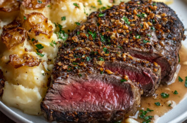 Garlic-Crusted Ribeye with Smoky Hazelnut Scalloped Potatoes on a plate