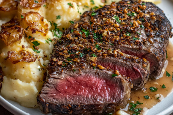 Garlic-Crusted Ribeye with Smoky Hazelnut Scalloped Potatoes on a plate