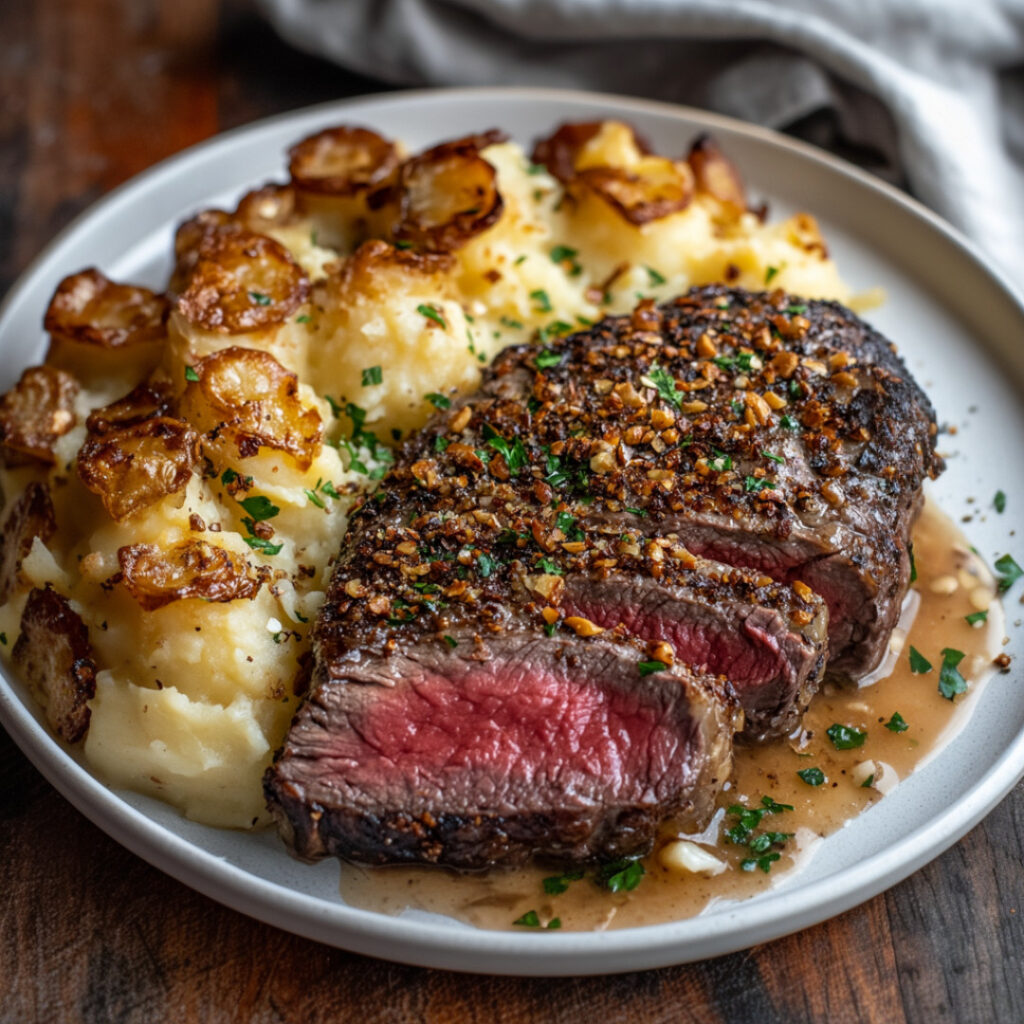 Garlic-Crusted Ribeye with Smoky Hazelnut Scalloped Potatoes on a plate