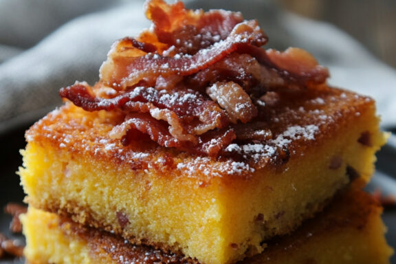 Polenta Cake with Crispy Bacon on a plate