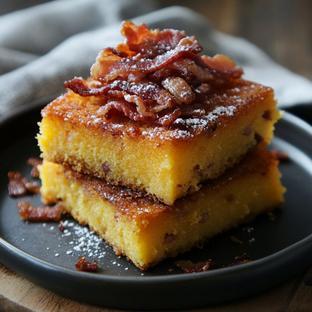 Polenta Cake with Crispy Bacon on a plate