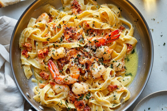 Brown Butter and Limoncello Lobster Tail Pasta on a pan