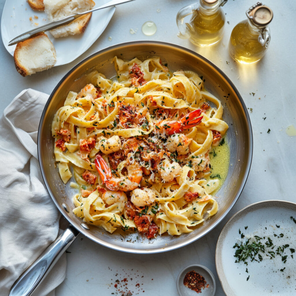 Brown Butter and Limoncello Lobster Tail Pasta on a pan