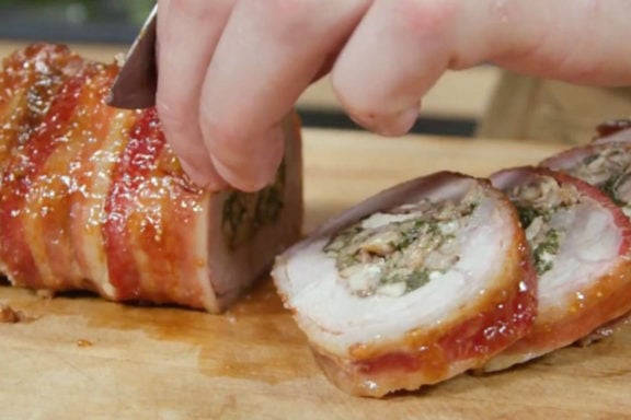 bacon-wrapped and stuffed pork sirloin roast