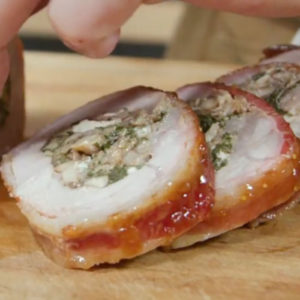 bacon wrapped pork sirloin with fig glaze