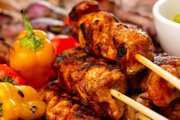 pork skewers with assorted peppers