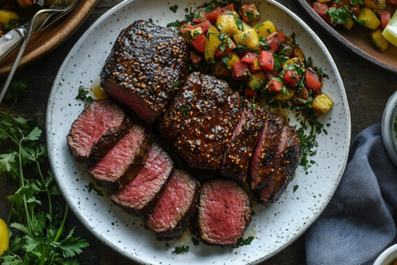 Chipotle-Cacao Rubbed Sirloin Filets on a plate