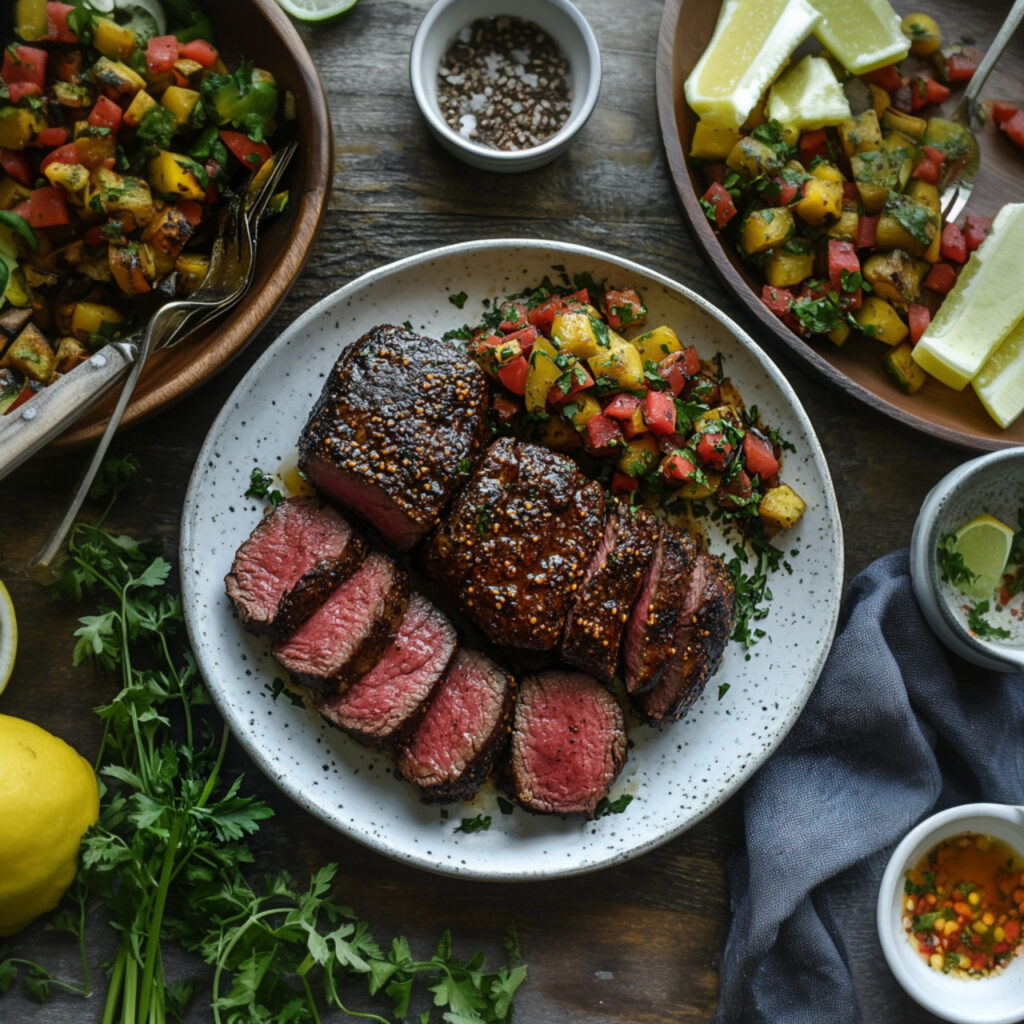 Chipotle-Cacao Rubbed Sirloin Filets on a plate