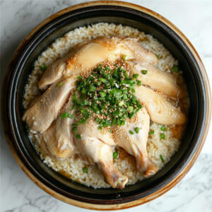 Hainanese Whole-Poached Chicken and Rice in a bowl