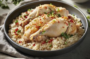 Hainanese Whole-Poached Chicken and Rice in a bowl