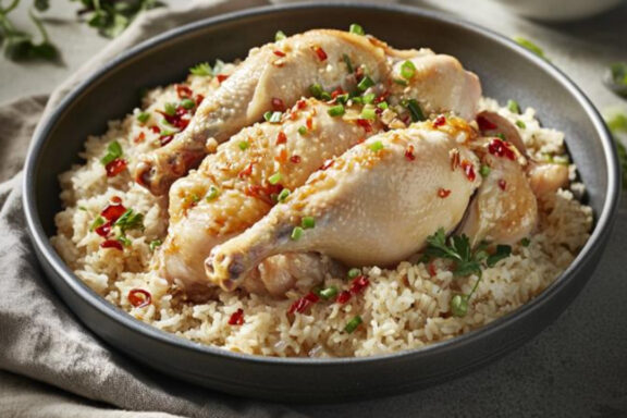 Hainanese Whole-Poached Chicken and Rice in a bowl
