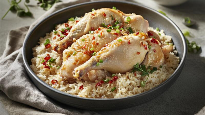 Hainanese Whole-Poached Chicken and Rice in a bowl