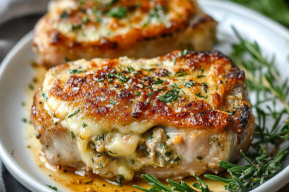 Baked Stuffed Pork Chops on a plate