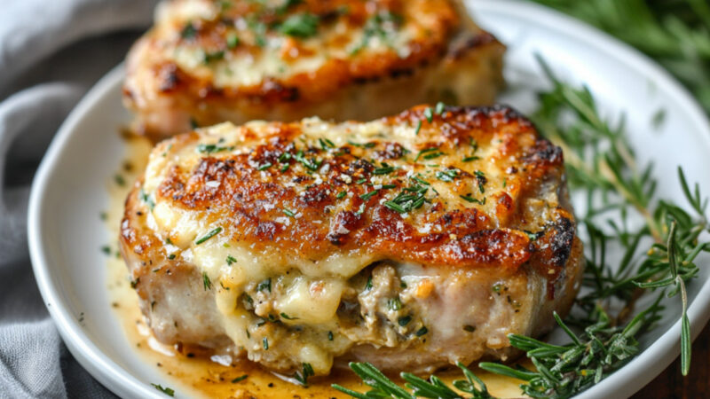 Baked Stuffed Pork Chops on a plate