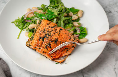 pan seared salmon with snow peas and white bean salad