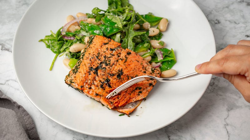pan seared salmon with snow peas and white bean salad