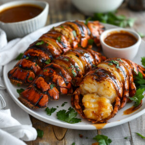 Caribbean Grilled Lobster Tails with Rum BBQ Sauce on a plate