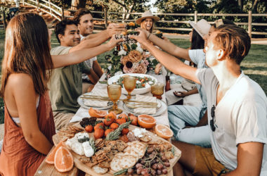 people raising their glasses around a picnic table with food on it