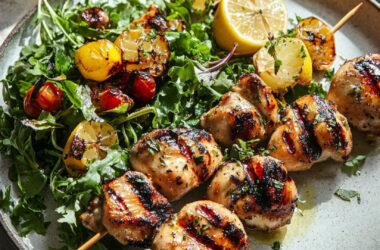 Marinated Grilled Chicken Thigh Skewers on a plate