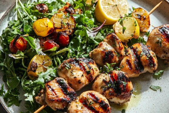 Marinated Grilled Chicken Thigh Skewers on a plate
