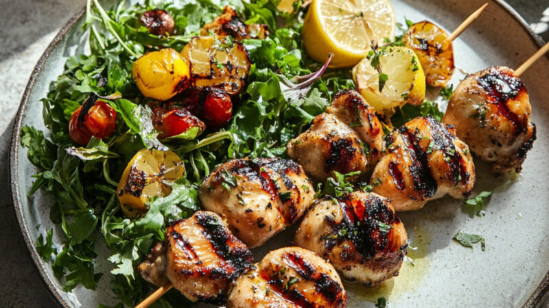 Marinated Grilled Chicken Thigh Skewers on a plate